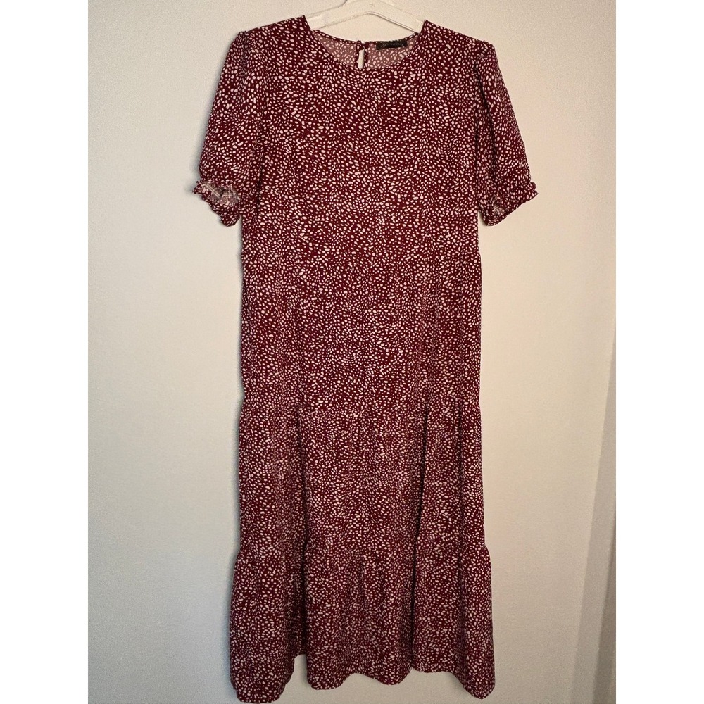 PRETTYGARDEN Burgundy White Speckled Dot Tiered Maxi Dress Puff Sleeve Medium
